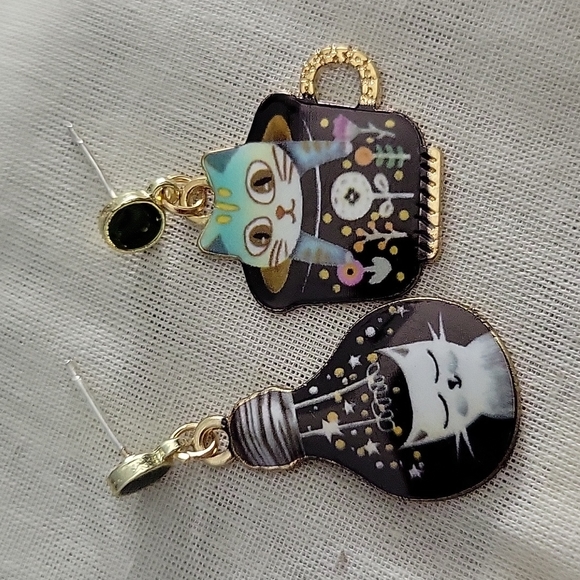 Jewelry - Mismatched Cats Handpainted Dangle Earrings
